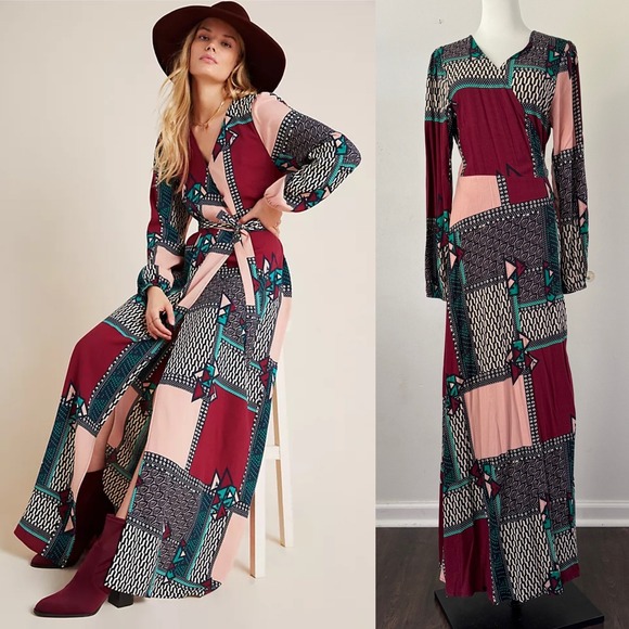 NWT Anthropologie Virgina Wrap Maxi Dress Womens Sz M, Patchwork Boho Cottage - Picture 1 of 12